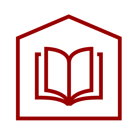 A red outline of an open book inside a pentagonal shape, symbolizing a library, knowledge, or educational resources.